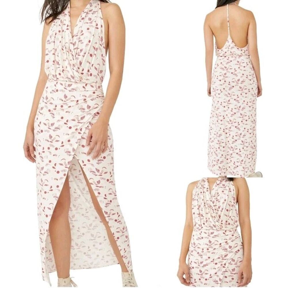 Free People Daria Ivory Print Stretch Jersey Halter Maxi Dress Size Small
